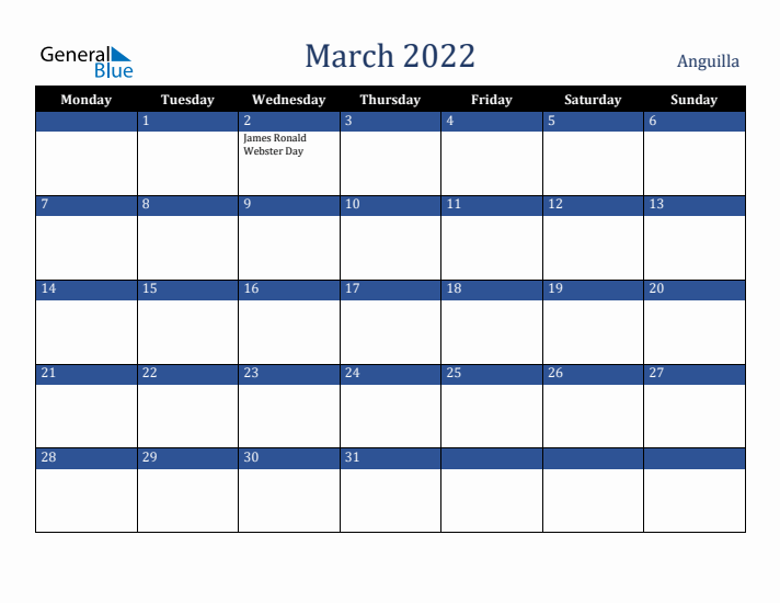 March 2022 Anguilla Calendar (Monday Start)