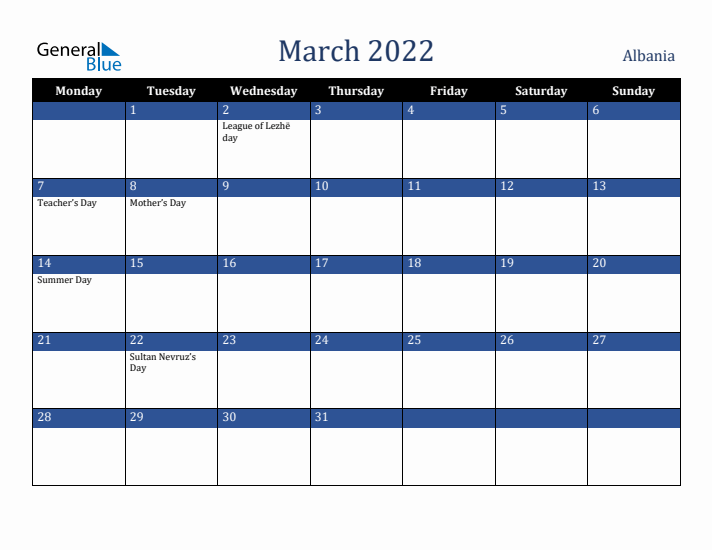 March 2022 Albania Calendar (Monday Start)