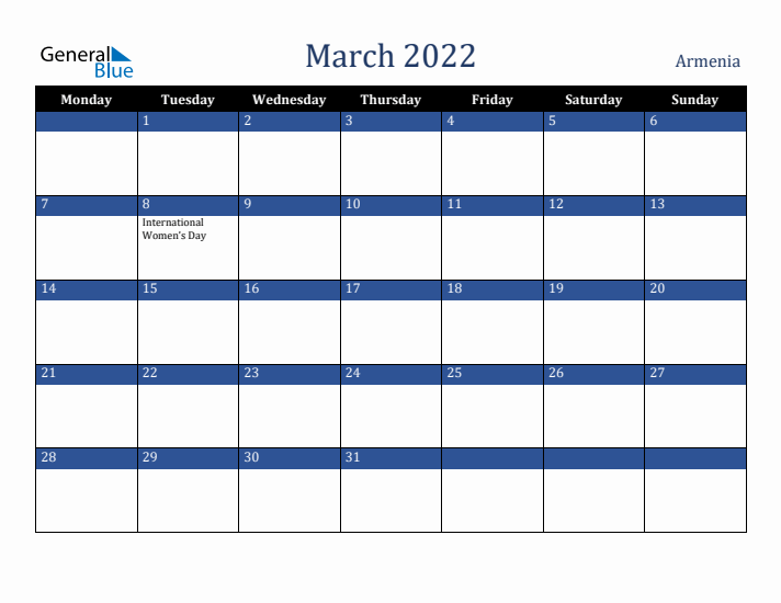 March 2022 Armenia Calendar (Monday Start)