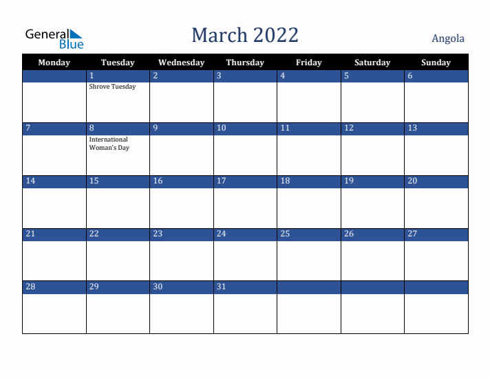 March 2022 Angola Calendar (Monday Start)