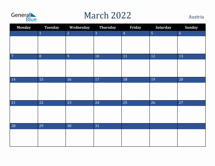 March 2022 Austria Calendar (Monday Start)