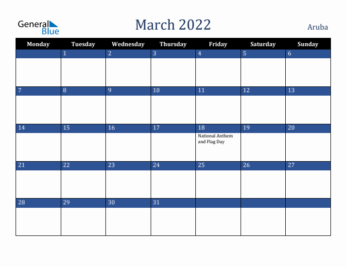 March 2022 Aruba Calendar (Monday Start)