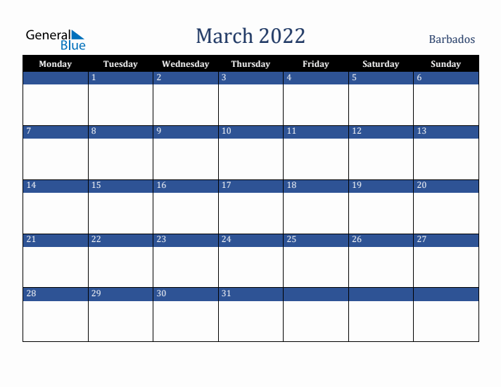 March 2022 Barbados Calendar (Monday Start)