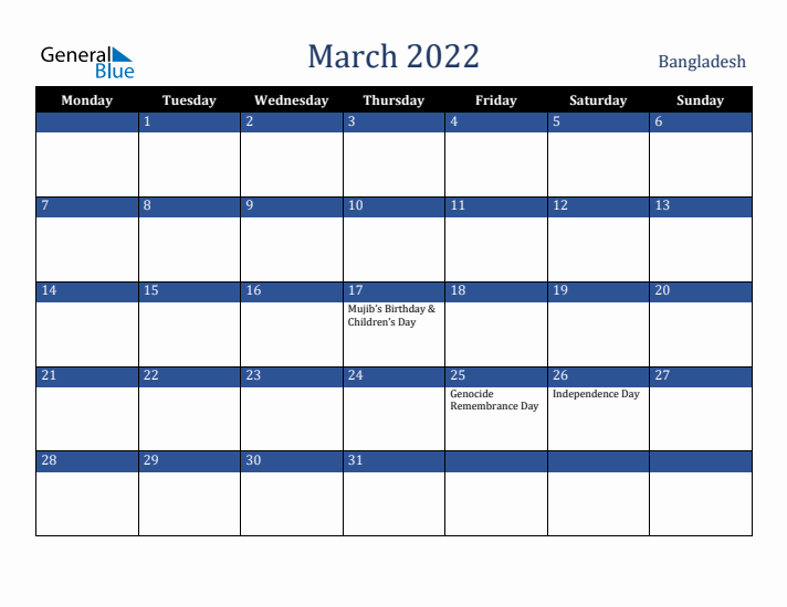 March 2022 Bangladesh Calendar (Monday Start)