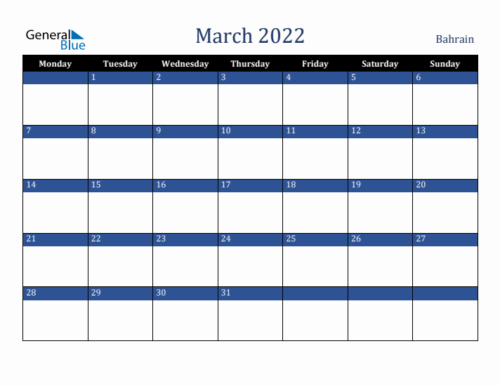 March 2022 Bahrain Calendar (Monday Start)