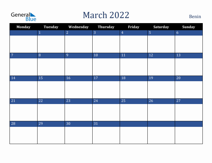 March 2022 Benin Calendar (Monday Start)