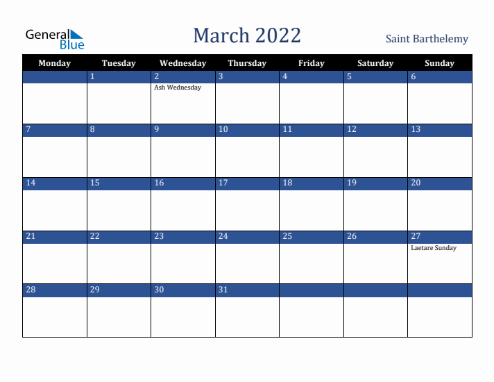 March 2022 Saint Barthelemy Calendar (Monday Start)