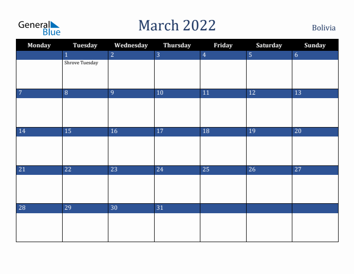 March 2022 Bolivia Calendar (Monday Start)