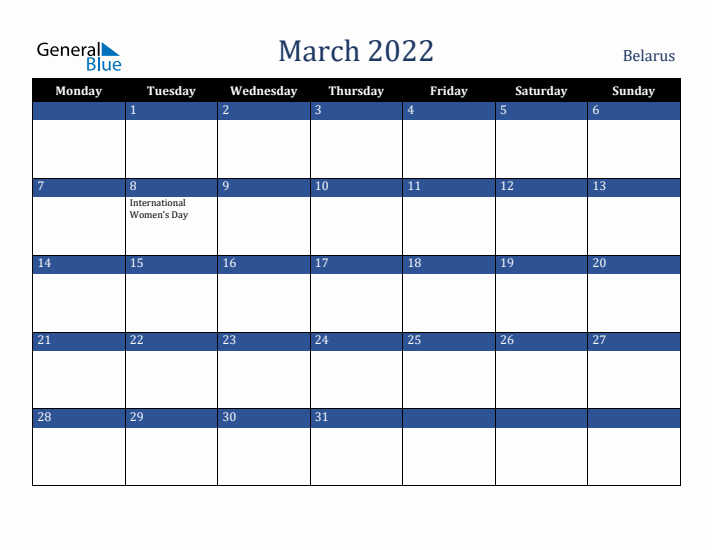 March 2022 Belarus Calendar (Monday Start)