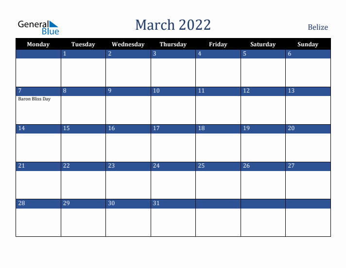 March 2022 Belize Calendar (Monday Start)