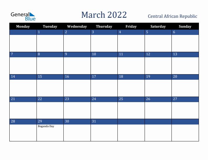March 2022 Central African Republic Calendar (Monday Start)