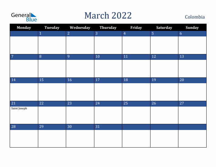 March 2022 Colombia Calendar (Monday Start)