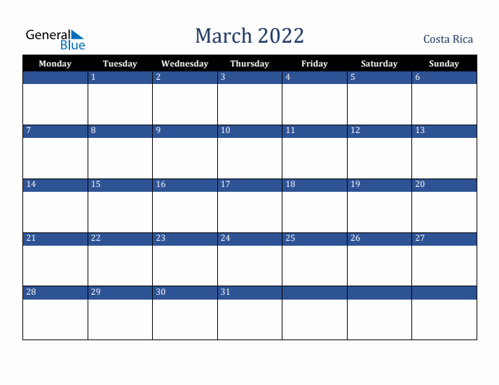 March 2022 Costa Rica Calendar (Monday Start)