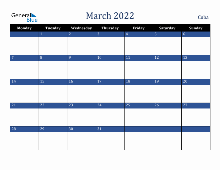 March 2022 Cuba Calendar (Monday Start)