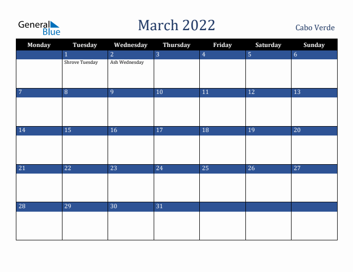 March 2022 Cabo Verde Calendar (Monday Start)
