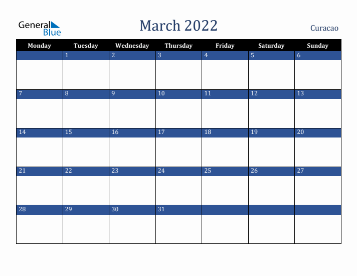 March 2022 Curacao Calendar (Monday Start)
