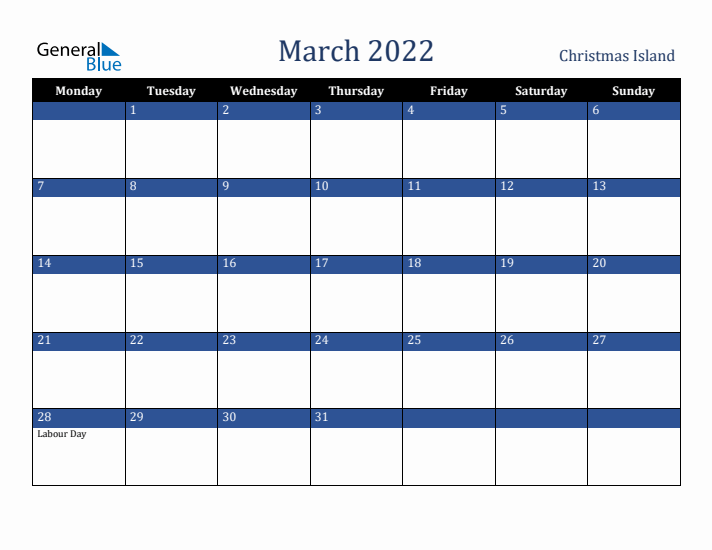 March 2022 Christmas Island Calendar (Monday Start)