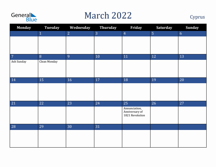 March 2022 Cyprus Calendar (Monday Start)