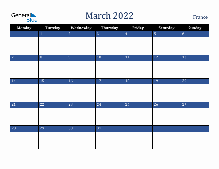 March 2022 France Calendar (Monday Start)