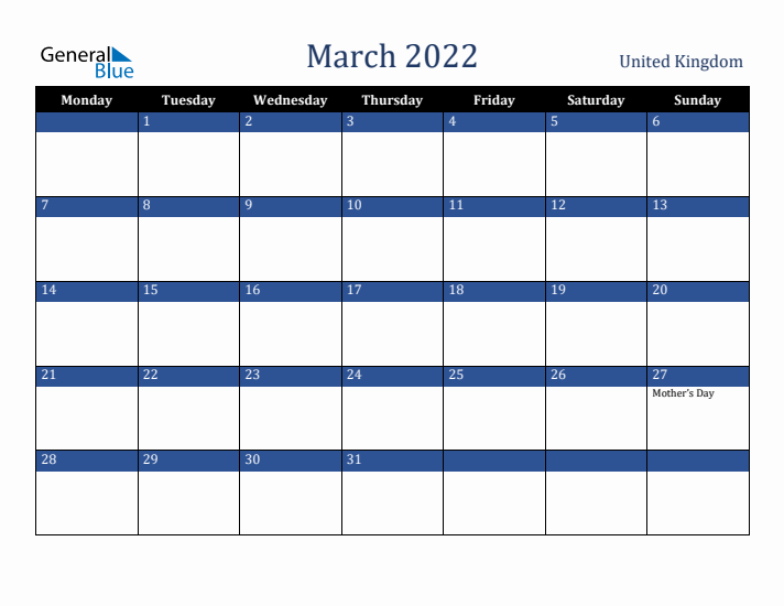 March 2022 United Kingdom Calendar (Monday Start)