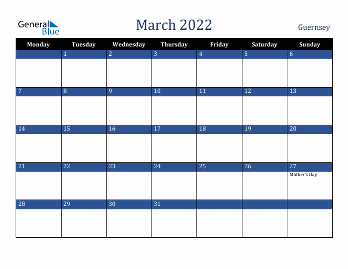 March 2022 Guernsey Calendar (Monday Start)