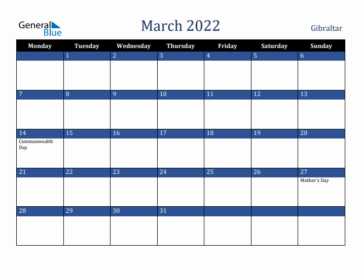 March 2022 Gibraltar Calendar (Monday Start)