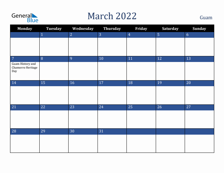 March 2022 Guam Calendar (Monday Start)