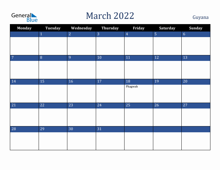 March 2022 Guyana Calendar (Monday Start)