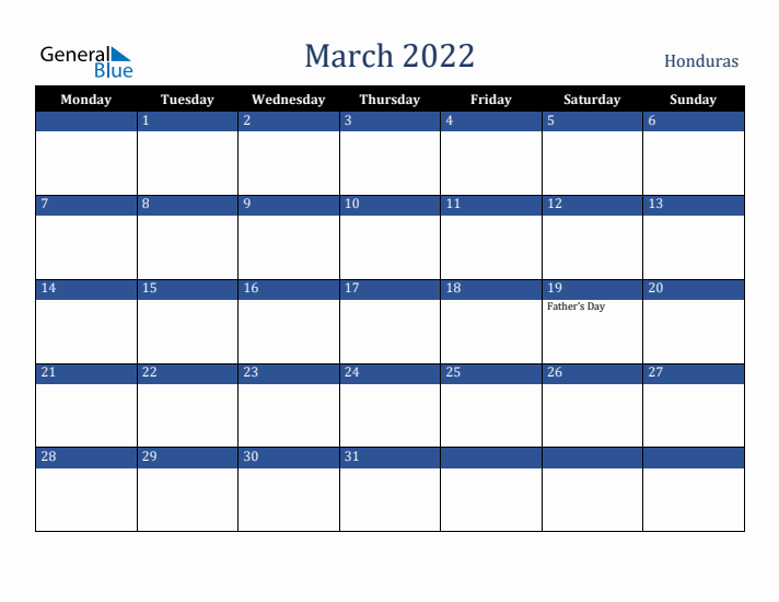 March 2022 Honduras Calendar (Monday Start)