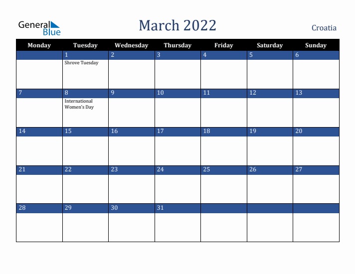 March 2022 Croatia Calendar (Monday Start)
