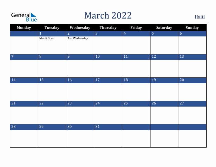 March 2022 Haiti Calendar (Monday Start)