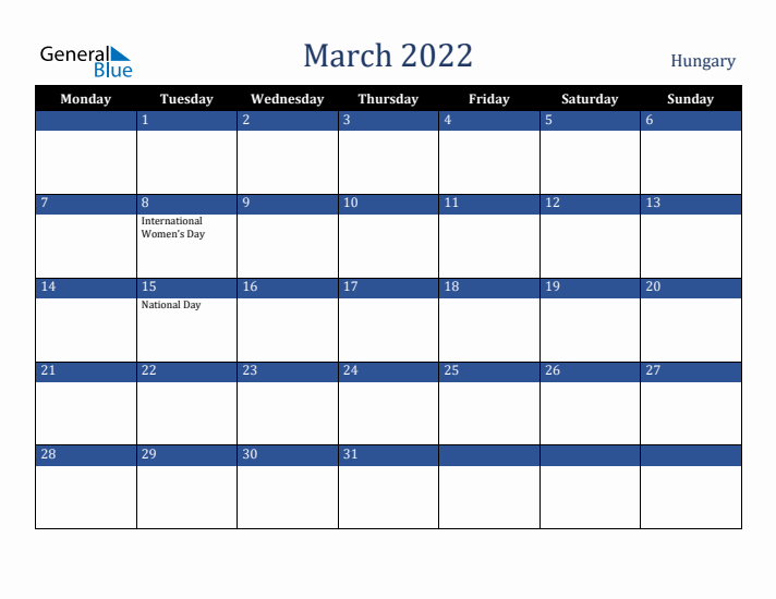 March 2022 Hungary Calendar (Monday Start)