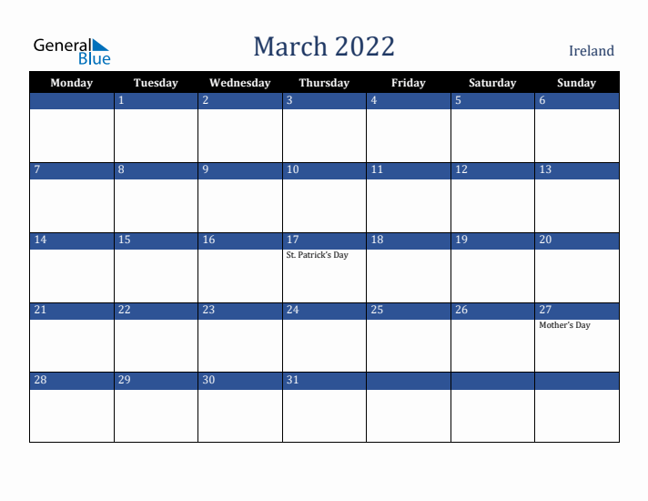 March 2022 Ireland Calendar (Monday Start)