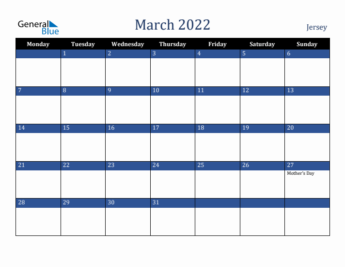 March 2022 Jersey Calendar (Monday Start)