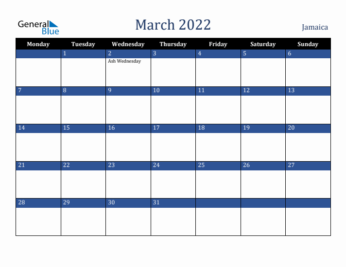 March 2022 Jamaica Calendar (Monday Start)