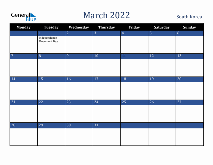 March 2022 South Korea Calendar (Monday Start)