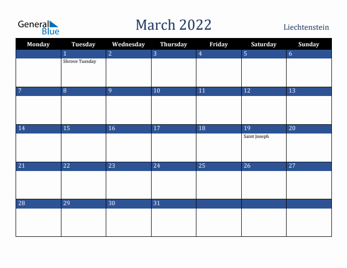 March 2022 Liechtenstein Calendar (Monday Start)