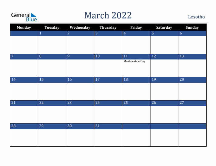 March 2022 Lesotho Calendar (Monday Start)
