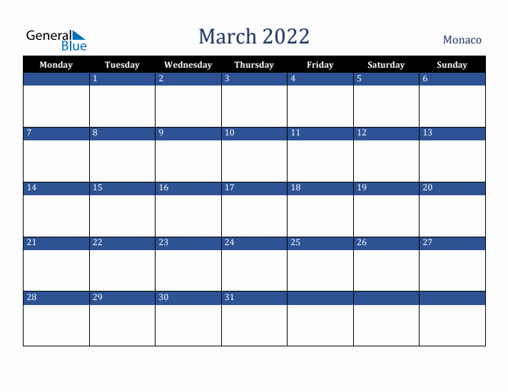 March 2022 Monaco Calendar (Monday Start)