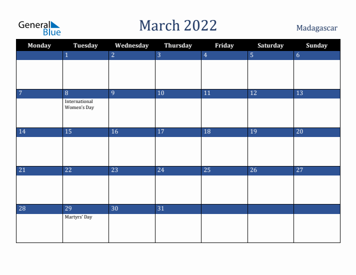 March 2022 Madagascar Calendar (Monday Start)