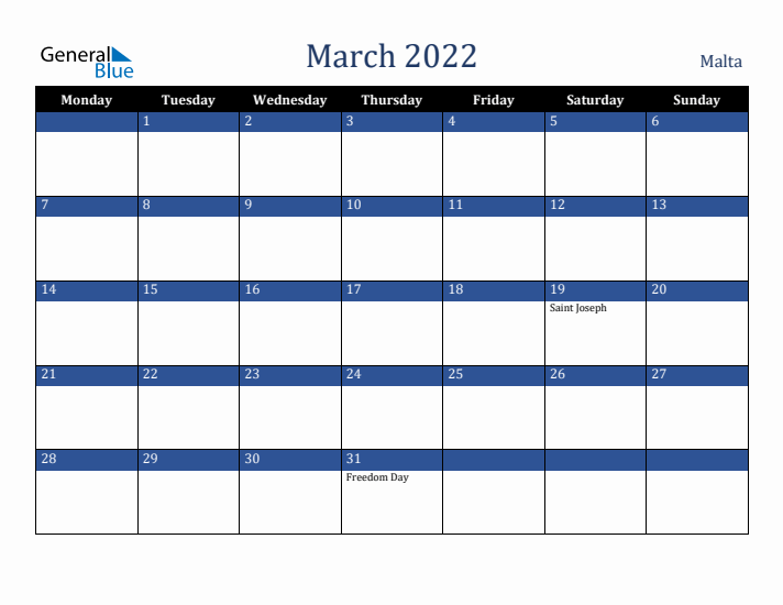 March 2022 Malta Calendar (Monday Start)