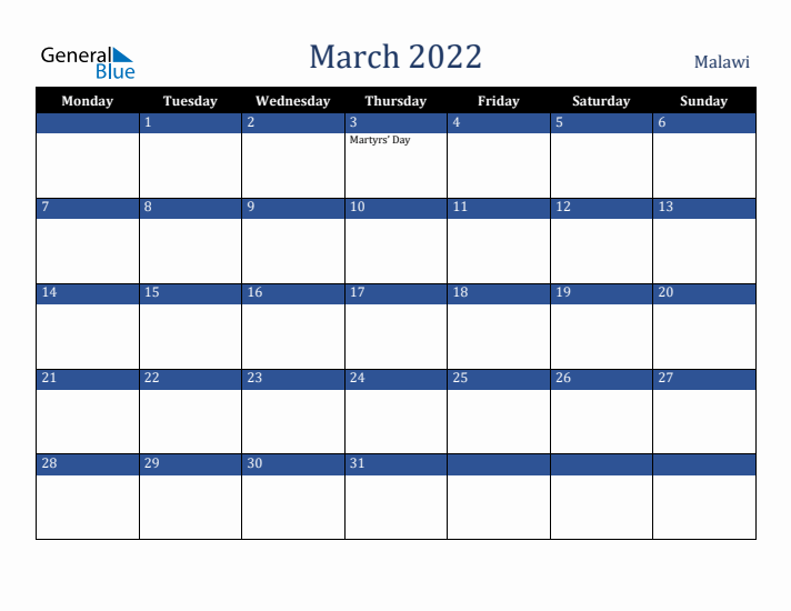 March 2022 Malawi Calendar (Monday Start)