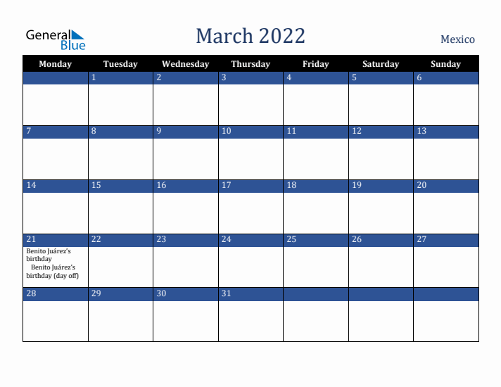 March 2022 Mexico Calendar (Monday Start)