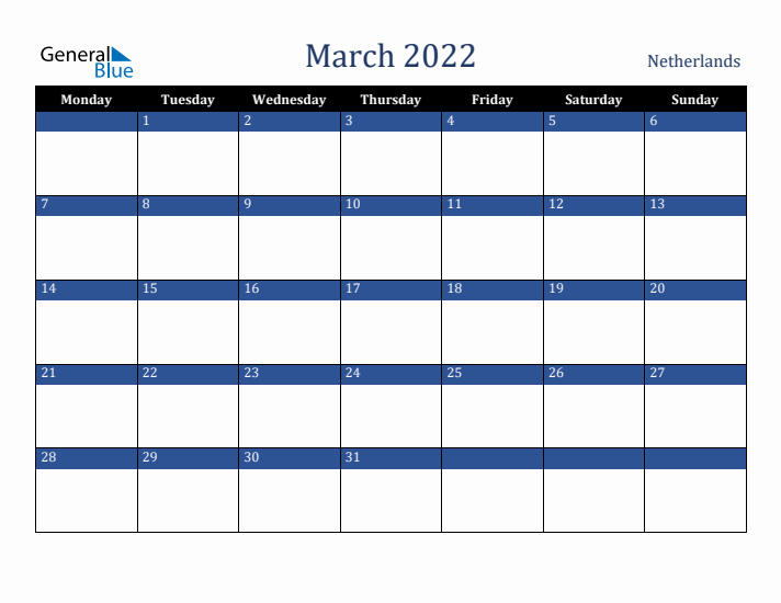 March 2022 The Netherlands Calendar (Monday Start)