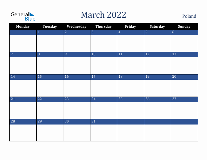 March 2022 Poland Calendar (Monday Start)