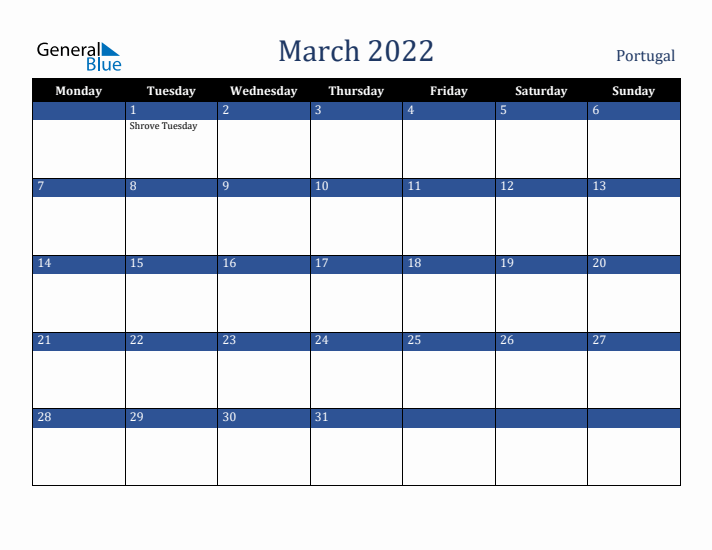 March 2022 Portugal Calendar (Monday Start)