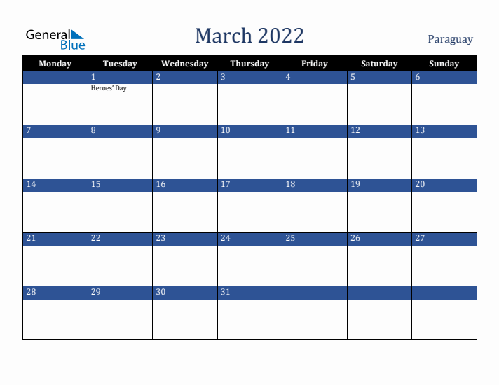 March 2022 Paraguay Calendar (Monday Start)
