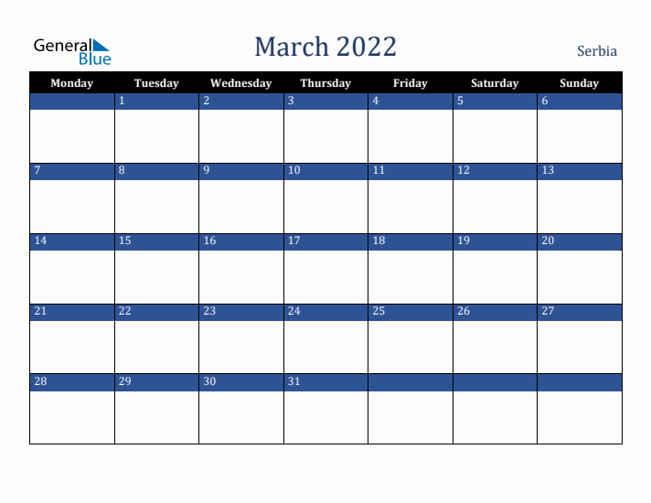March 2022 Serbia Calendar (Monday Start)
