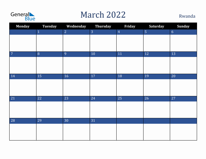 March 2022 Rwanda Calendar (Monday Start)