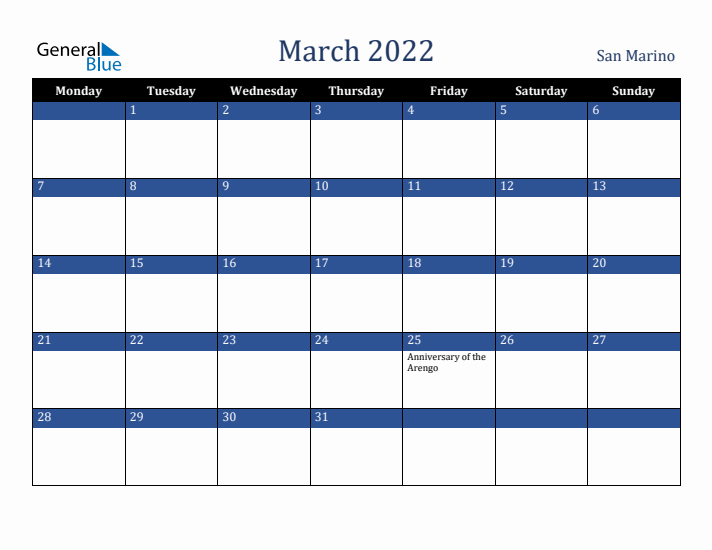 March 2022 San Marino Calendar (Monday Start)